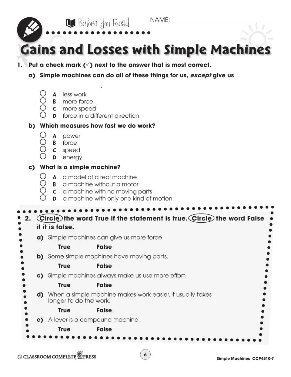 Before You Read questions: what simple machines can't give us, what measures how fast we do work, and 5 true/false