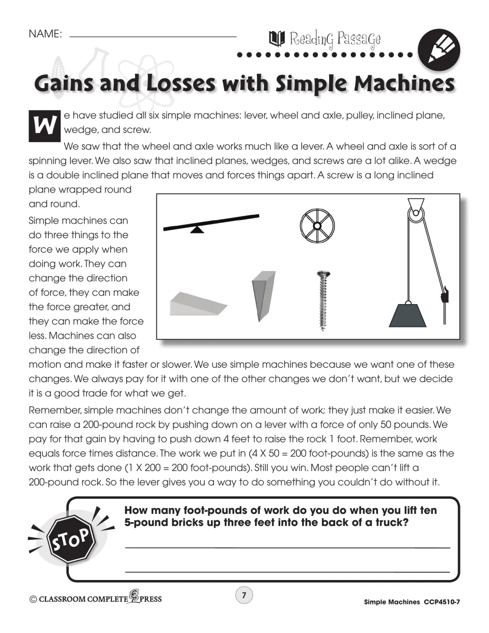 Reading passage part 1: the six simple machines and a lever lifting a 200-pound rock, with a foot-pounds question
