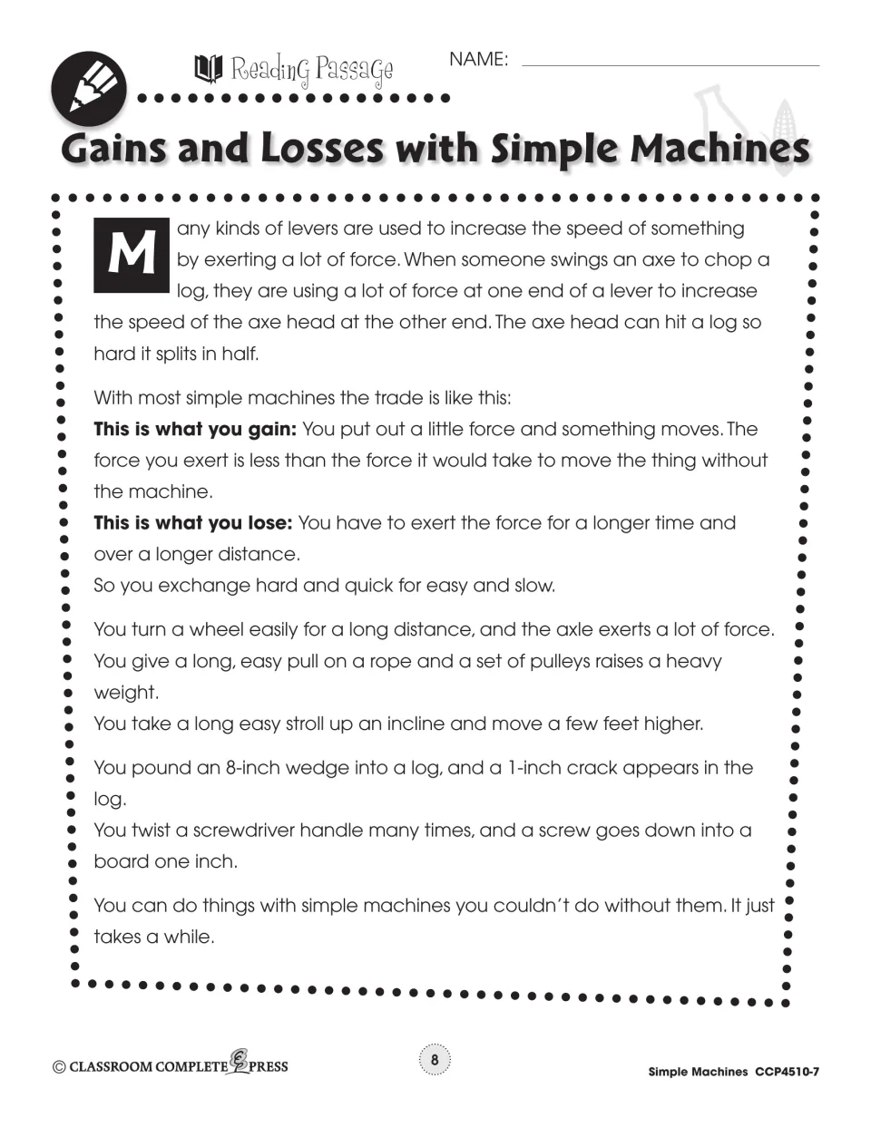 Reading passage part 2: what you gain and lose with simple machines, from an axe as a lever to a screw and wedge