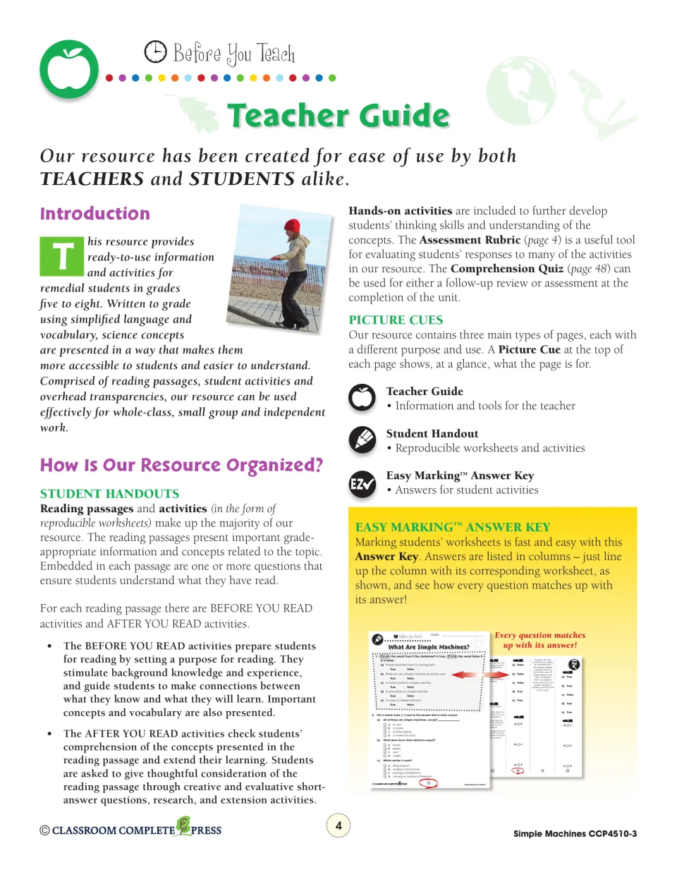 Teacher Guide on how the unit is organized: reading passages, before/after reading activities and the answer key
