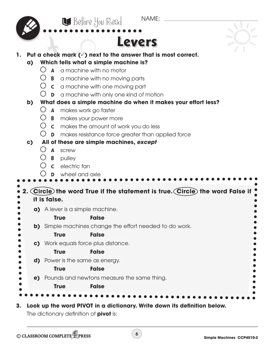 Before You Read on levers: simple machine multiple choice, five true/false items and defining 'pivot'