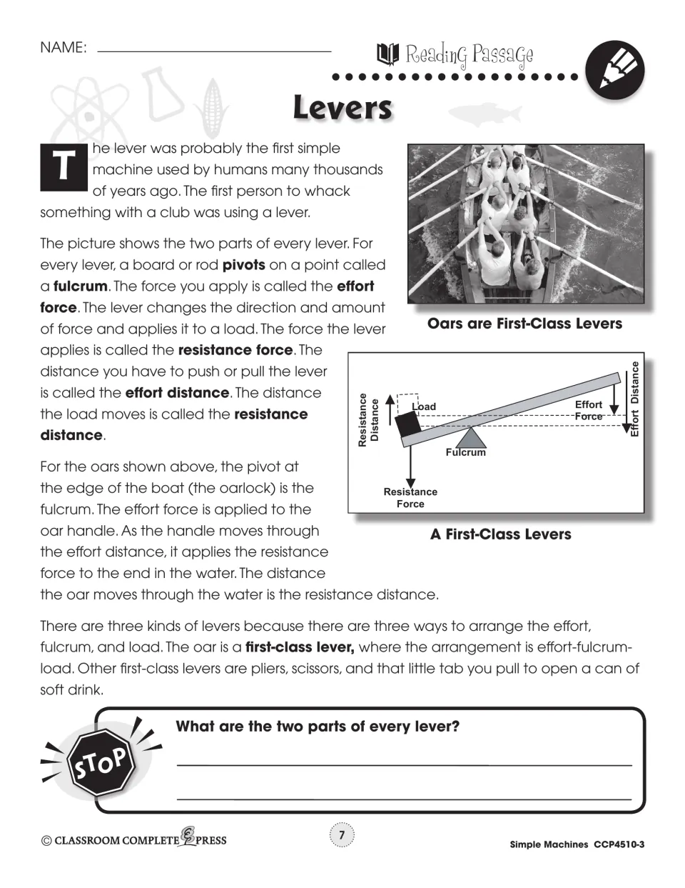 Lever passage part 1: fulcrum, effort and resistance force, with oars shown as first-class levers