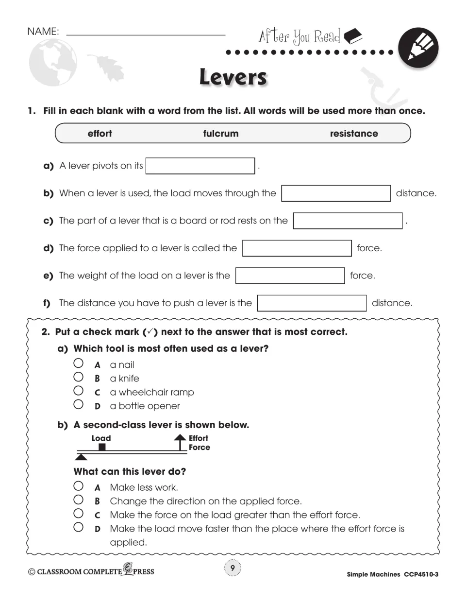 After You Read: fill in blanks with effort, fulcrum or resistance, and multiple choice on a second-class lever