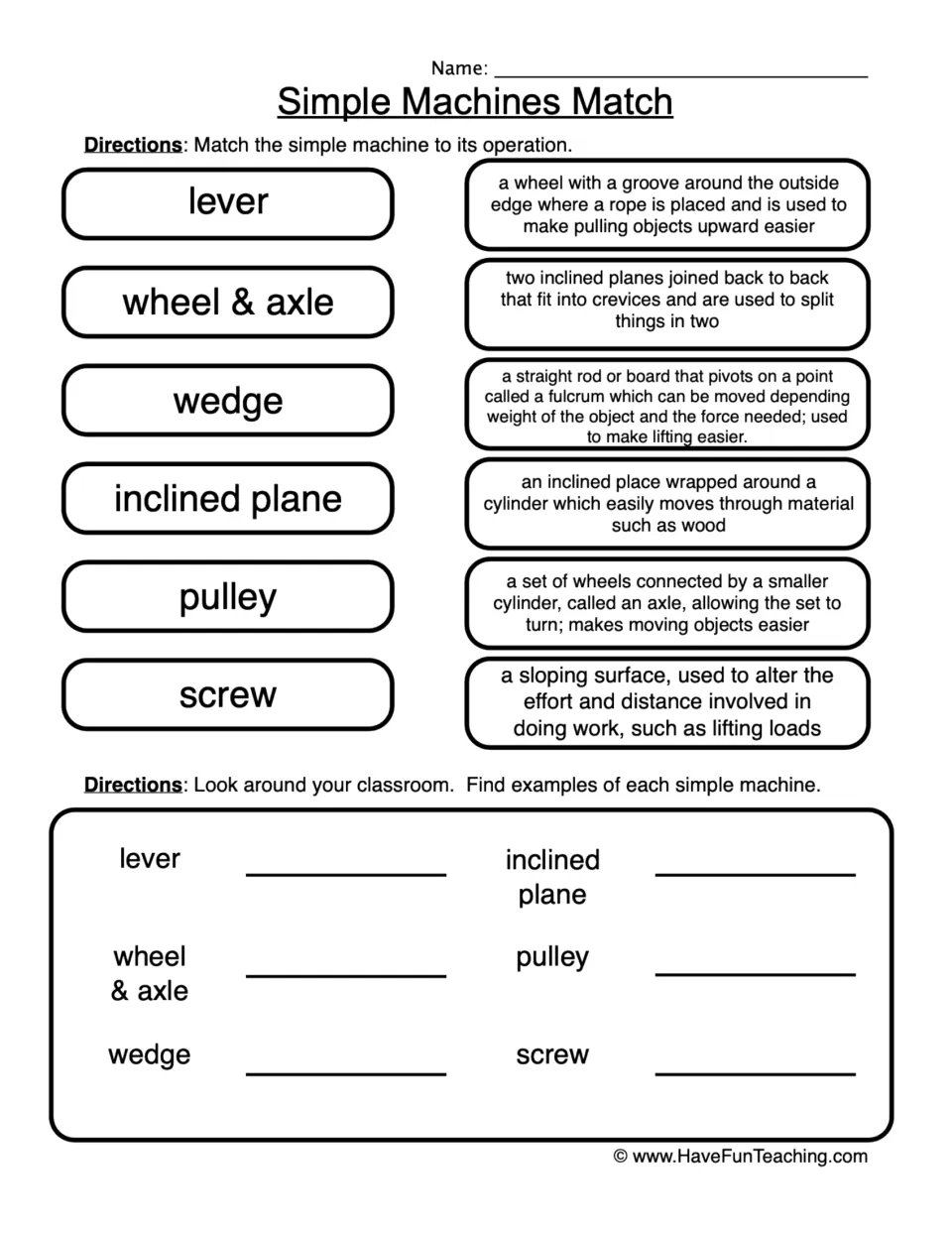 Simple machines practice: match lever, pulley, screw and three more to definitions, then find classroom examples