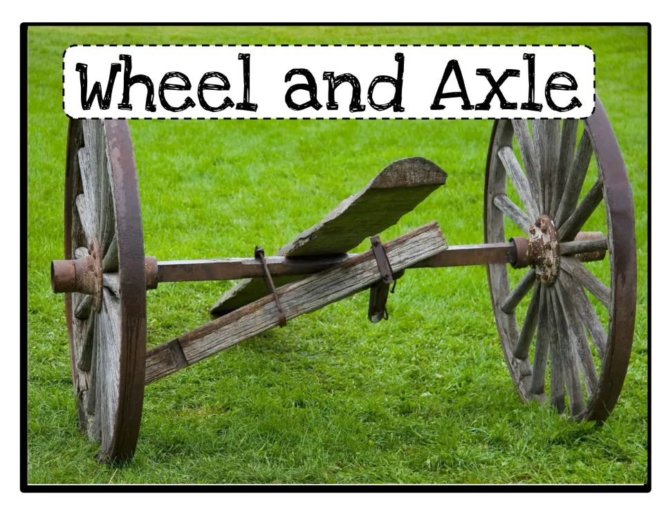 Wheel and axle: an old cart with two spoked wooden wheels joined by a rusty metal rod, pictured on grass
