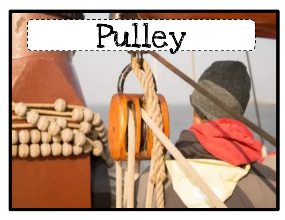 Pulley: a wooden block with rope threaded through it hangs from a sailing ship's rigging beside a sailor in a knit hat