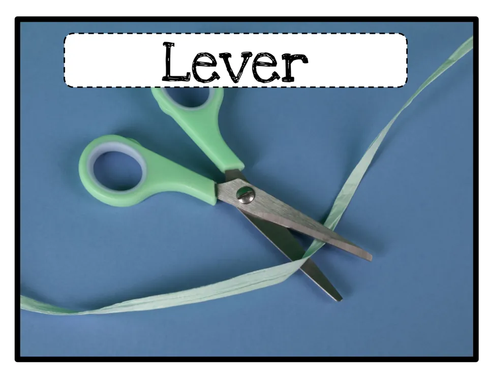 Lever: green-handled scissors cutting a strip of ribbon show two arms pivoting on one screw that acts as the fulcrum