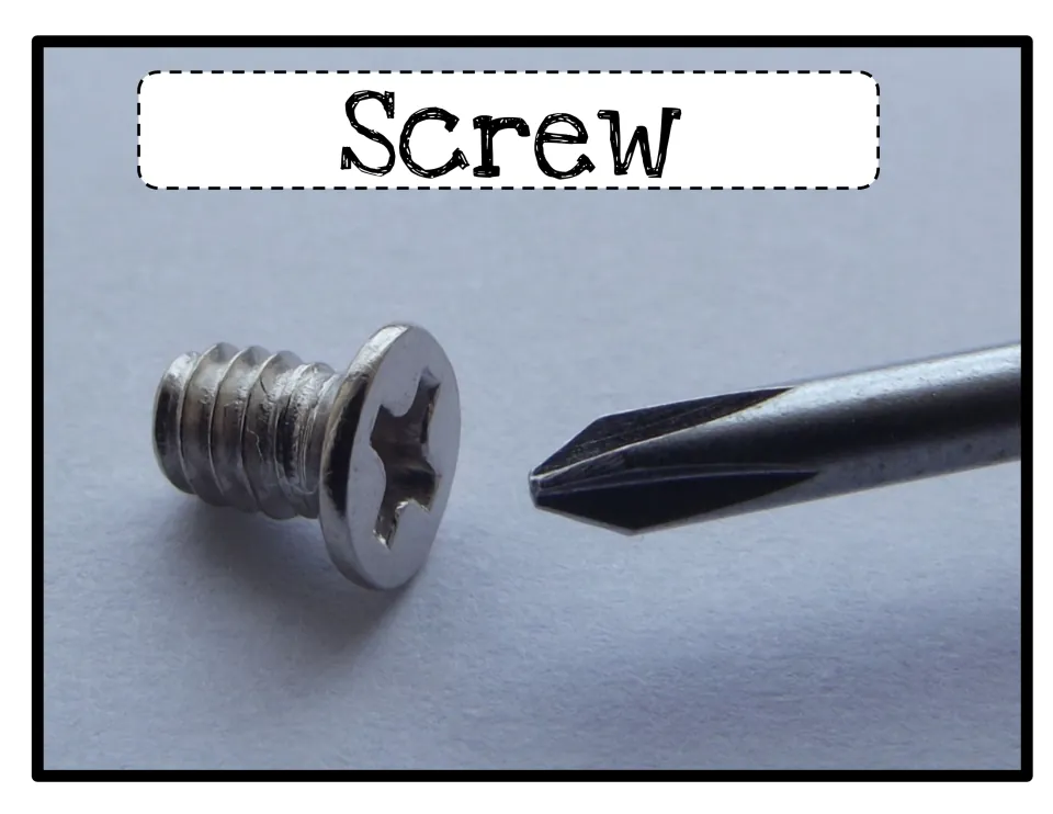 Screw: close-up photo of a flat-head metal screw with spiral threads next to the tip of a Phillips screwdriver