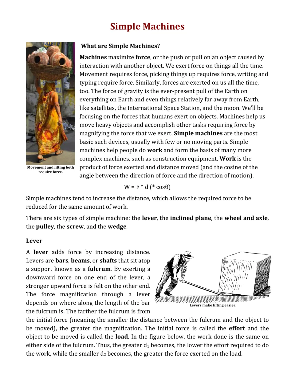 Article opening explains force, work, and six simple machines, then introduces levers, fulcrums, and loads.