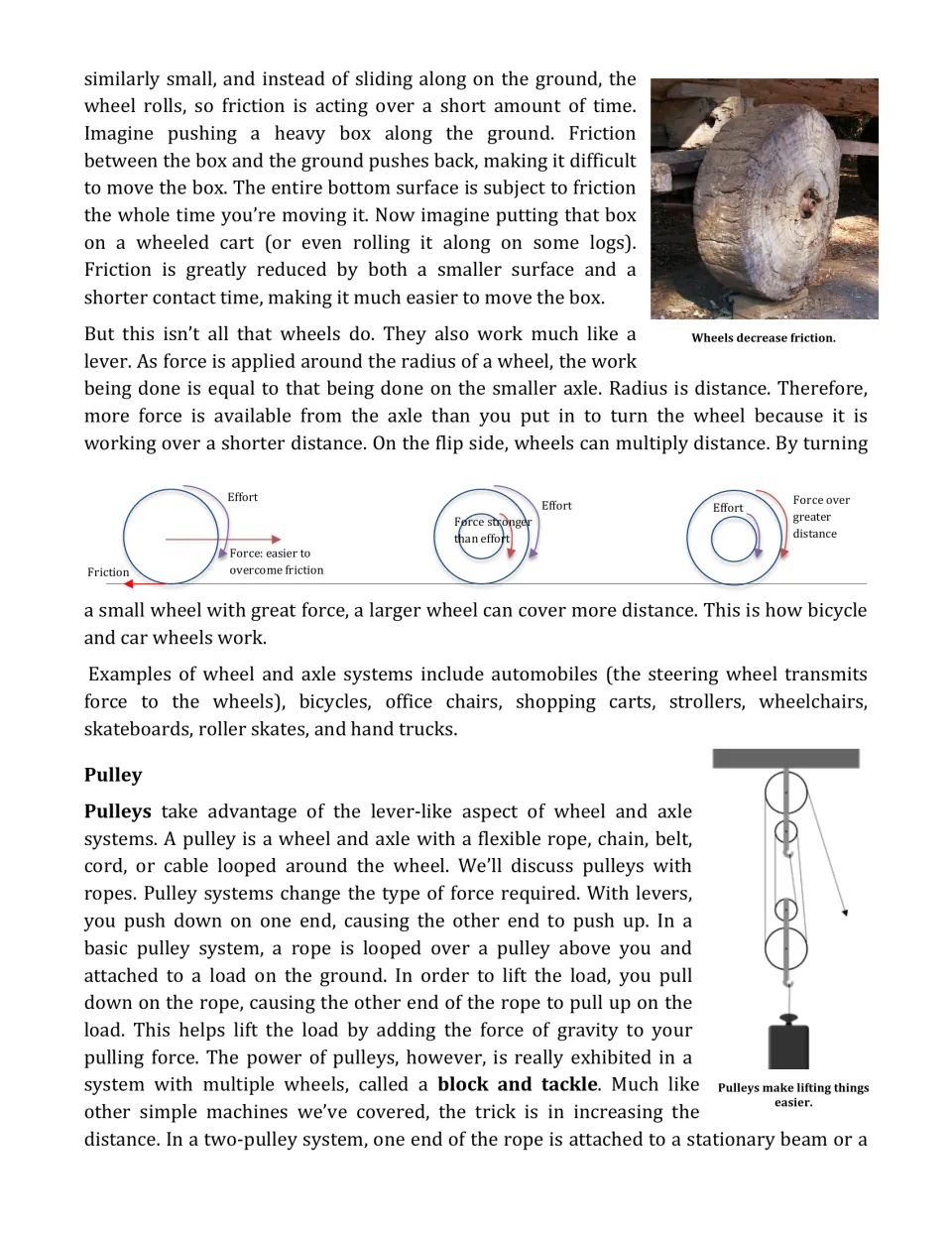 Article page 3 explains wheel and axle systems, then introduces pulleys, ropes, loads, and block and tackle.