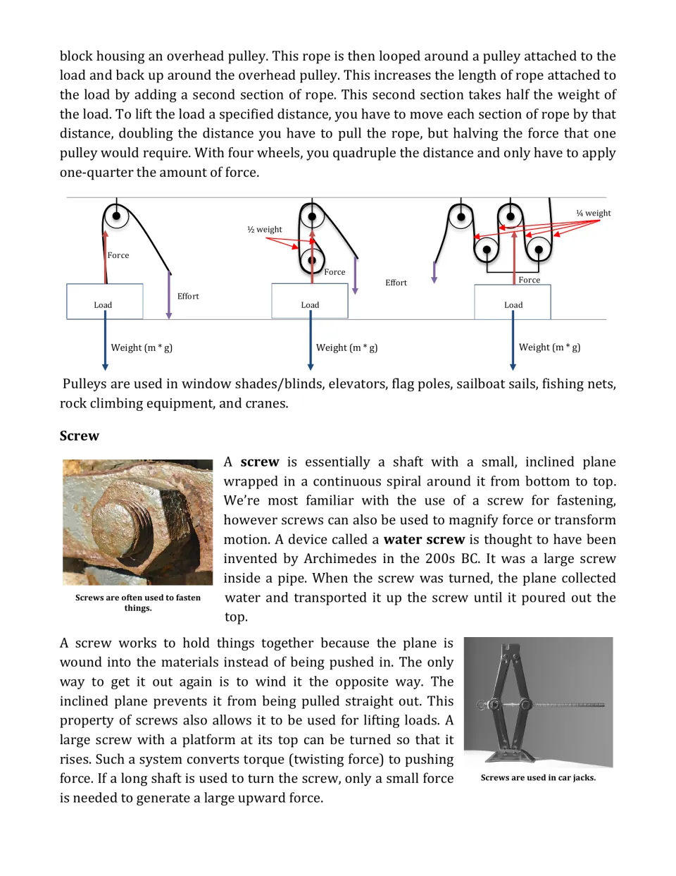 Article page 4 compares pulley systems and explains screws, including water screws and lifting with car jacks.