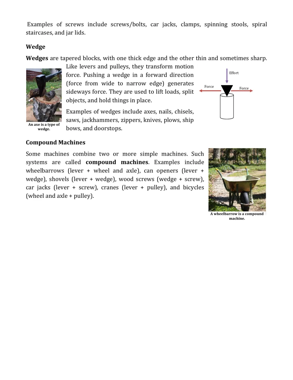 Article conclusion explains wedges and compound machines, with an axe, a force diagram, and a wheelbarrow.