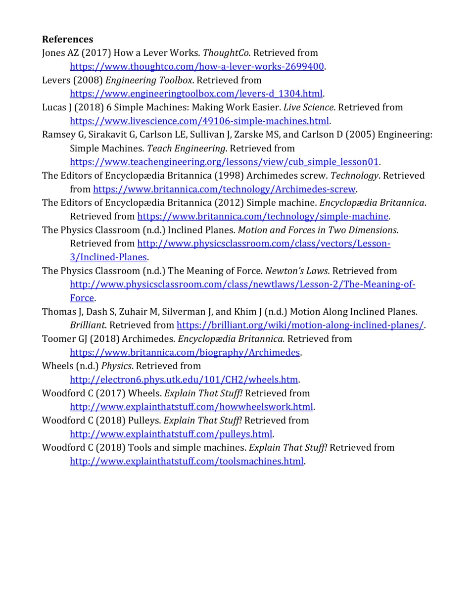 Reference page lists sources for the article on levers, inclined planes, wheels, pulleys, and other machines.