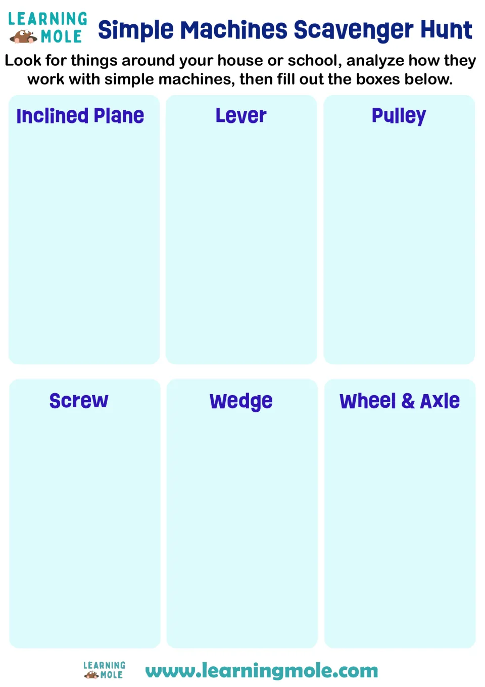 Simple machines: students find home or school items using an inclined plane, lever, pulley, screw, wedge, or wheel and axle