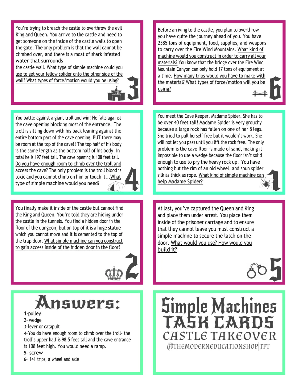 Six castle takeover task cards about a spider, trapdoor, castle wall, troll, carriage, and supplies, plus answers.