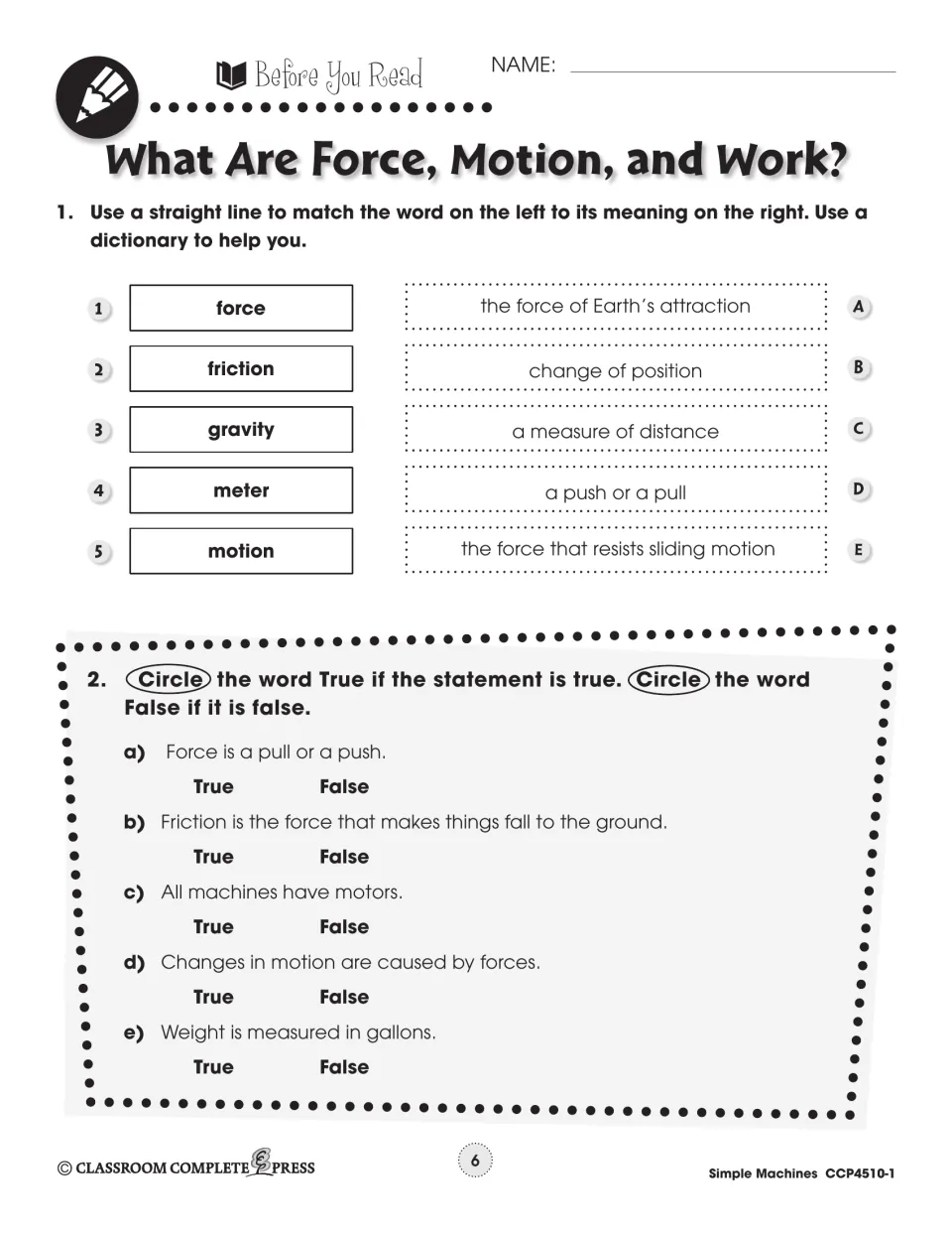 Pre-reading activity matches force, friction, gravity, meter, and motion to meanings, then checks five statements