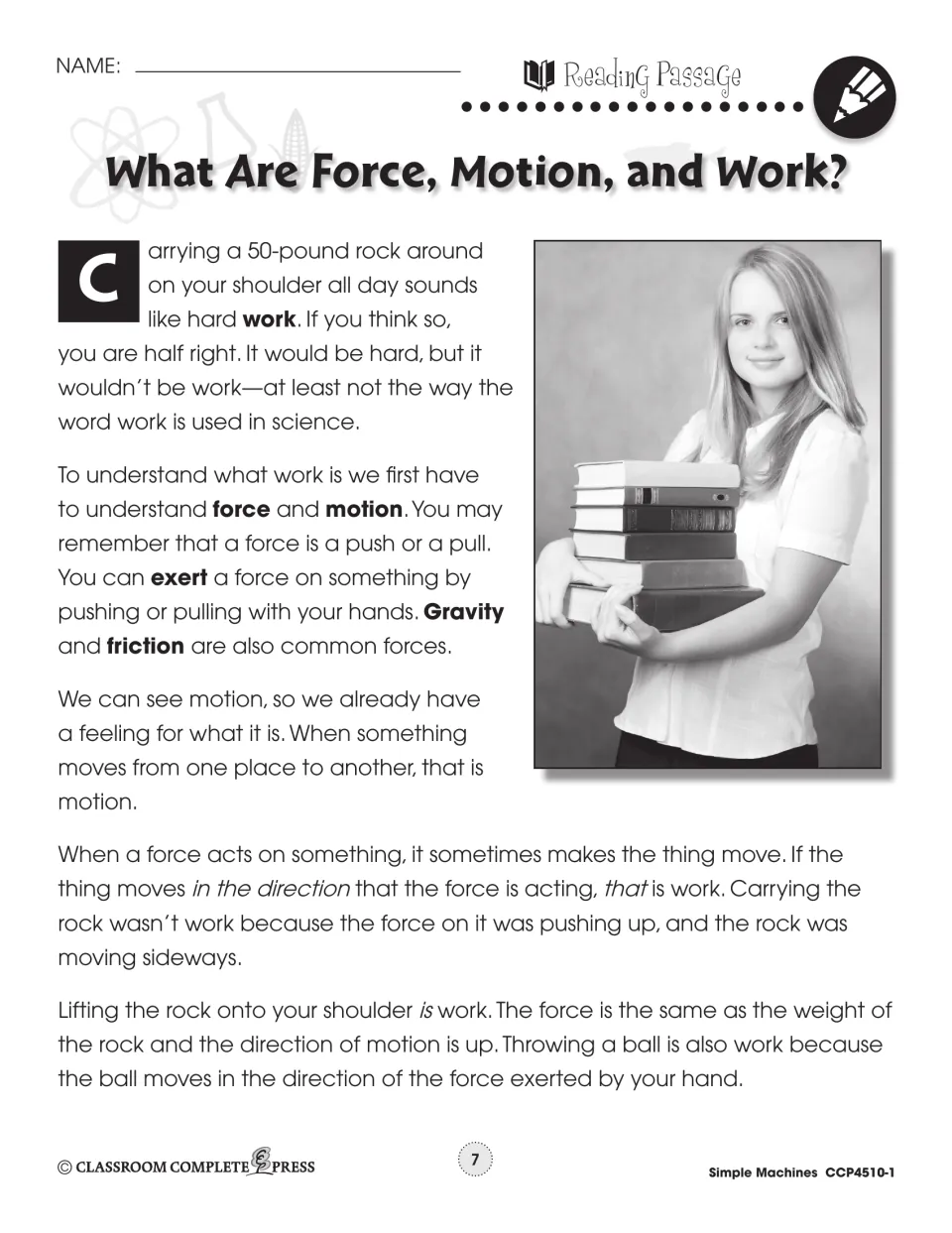 Reading passage introduces force, motion, and work using examples of carrying and lifting a rock and throwing a ball