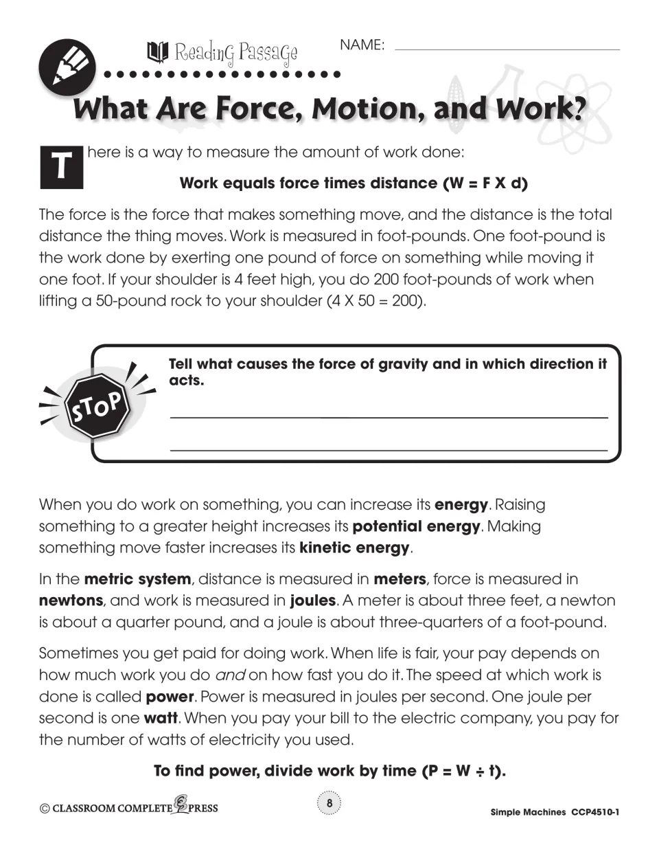 Reading continuation explains work equals force times distance, potential and kinetic energy, and power