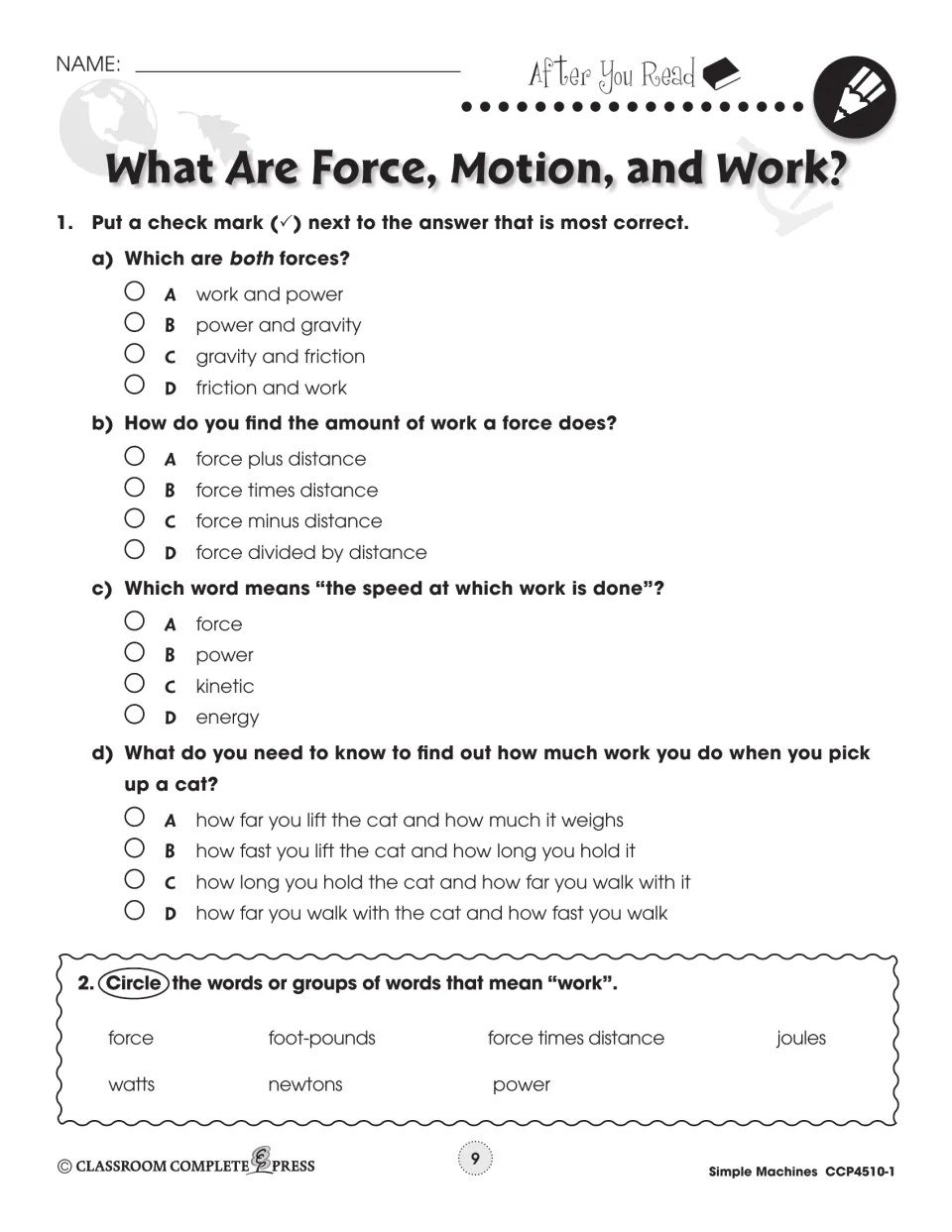 After-reading practice asks four multiple-choice questions about forces, work, and power, then identifies work terms