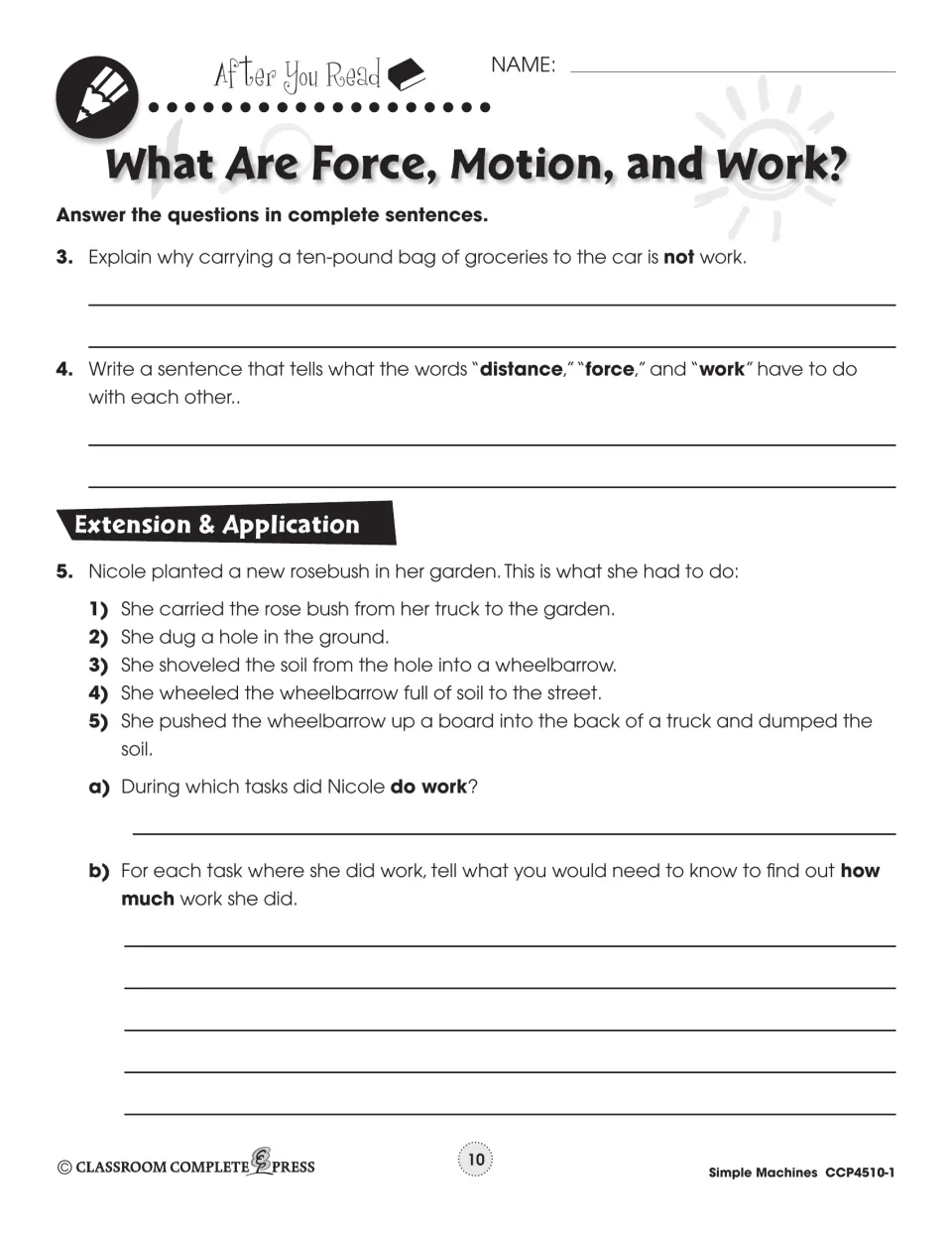 After-reading questions connect force, distance, and work, then apply the concepts to five rosebush planting tasks