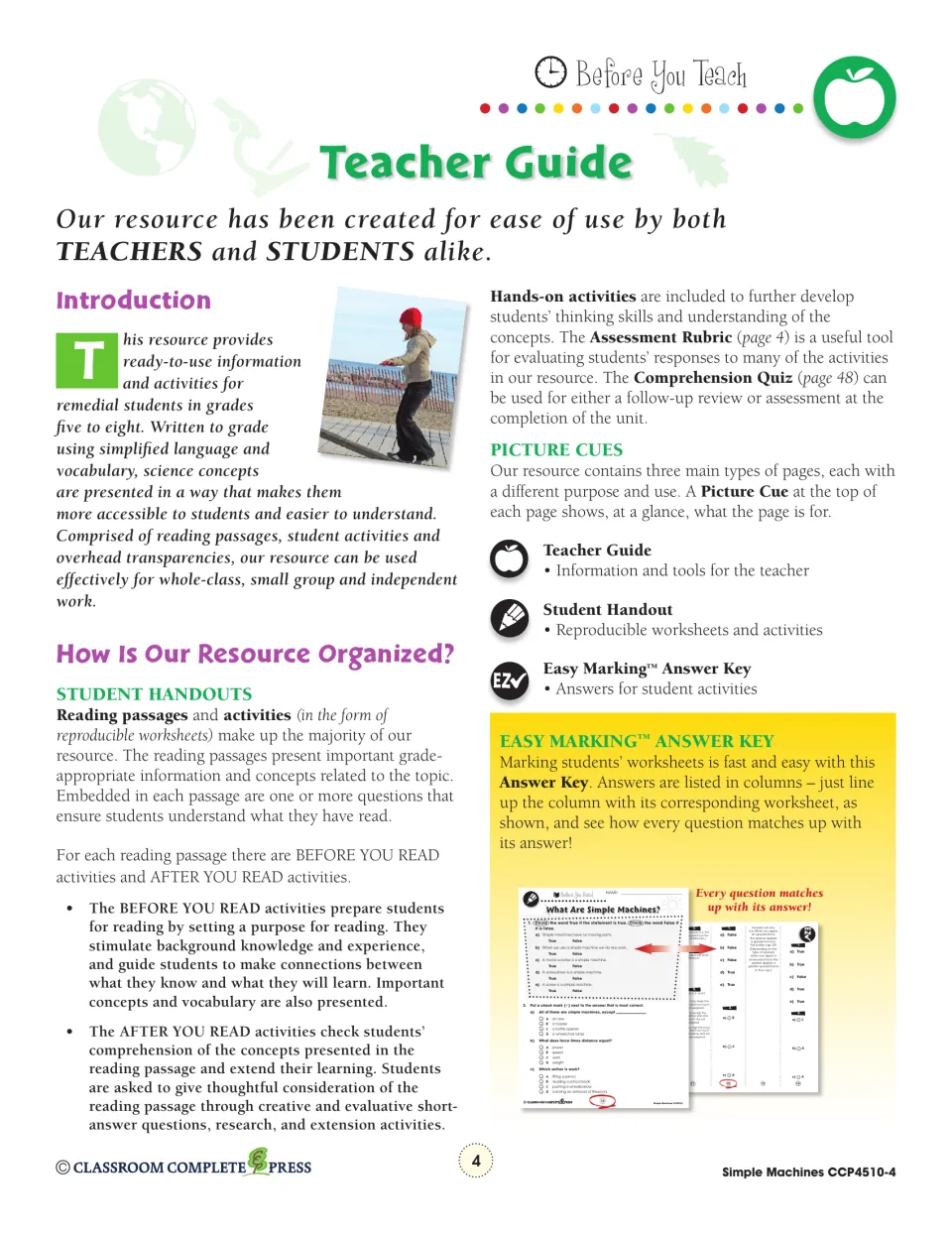 Teacher guide explains reading passages, before- and after-reading activities, picture cues, and the answer key
