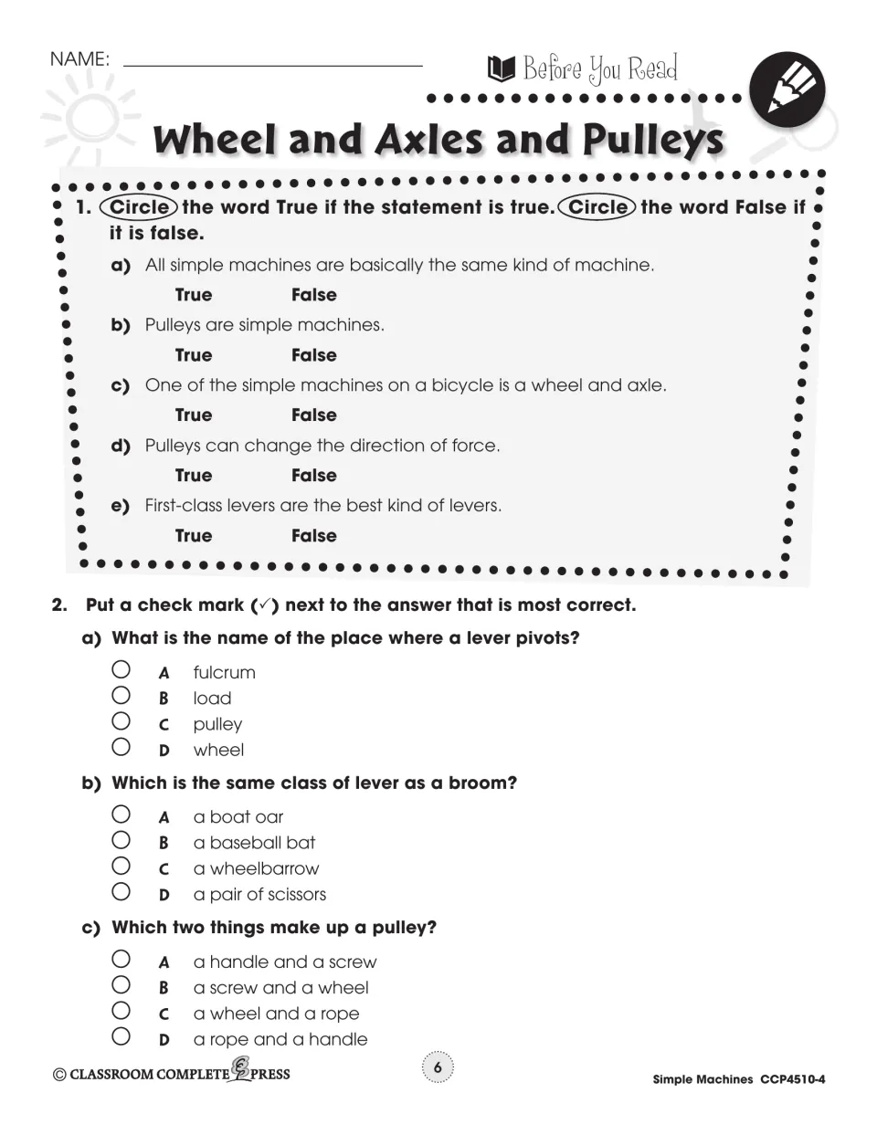 Prereading questions check ideas about simple machines, pulley parts, bicycle wheels, fulcrums, and lever classes