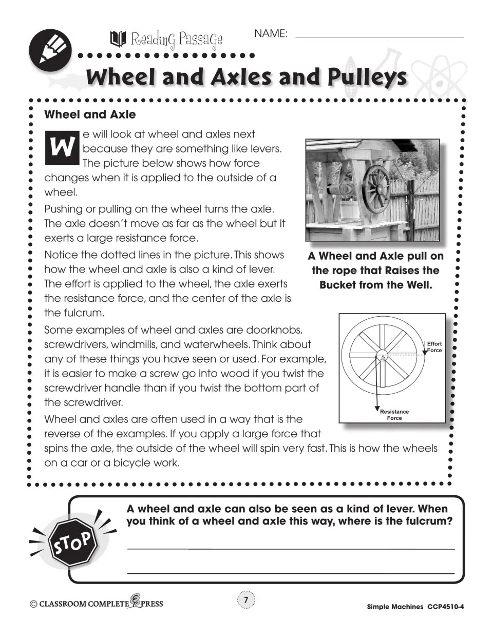 Wheel and axle reading explains force and speed using a well photo, a force diagram, and a fulcrum question