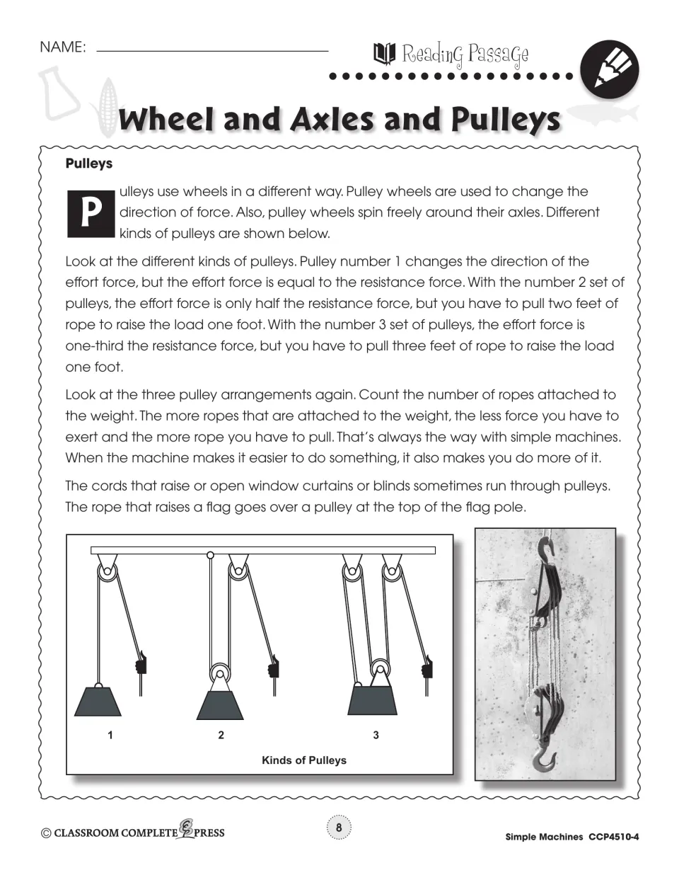 Pulley reading compares three arrangements, explaining changes in force direction, effort, and rope distance