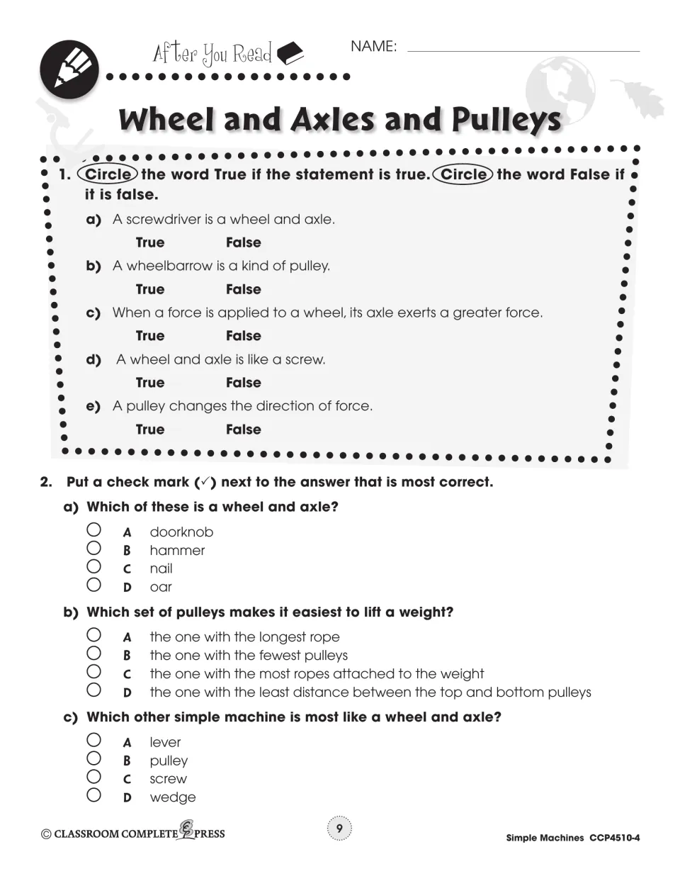 After-reading questions test wheel and axle examples, pulley force, and how wheels and axles resemble levers