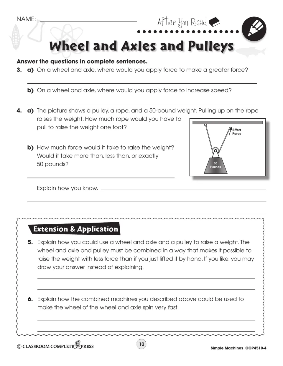 Written responses explore wheel and axle force, a pulley lifting 50 pounds, and ways to combine the machines