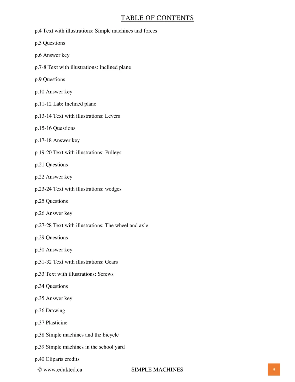 Table of contents listing illustrated readings, questions, answer keys, a lab, and activities through page 40