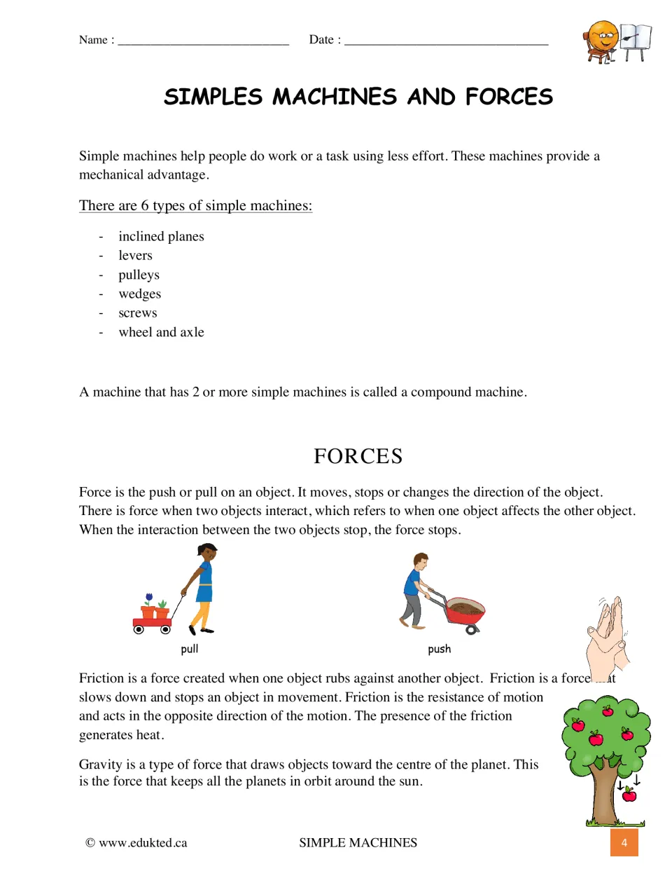 Introductory reading names six simple machine types and explains compound machines, friction, and gravity