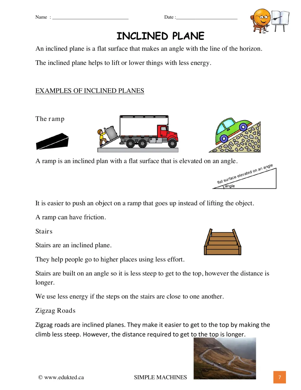 Inclined-plane reading introduces ramps, stairs, and zigzag roads, with examples of gentler, longer routes