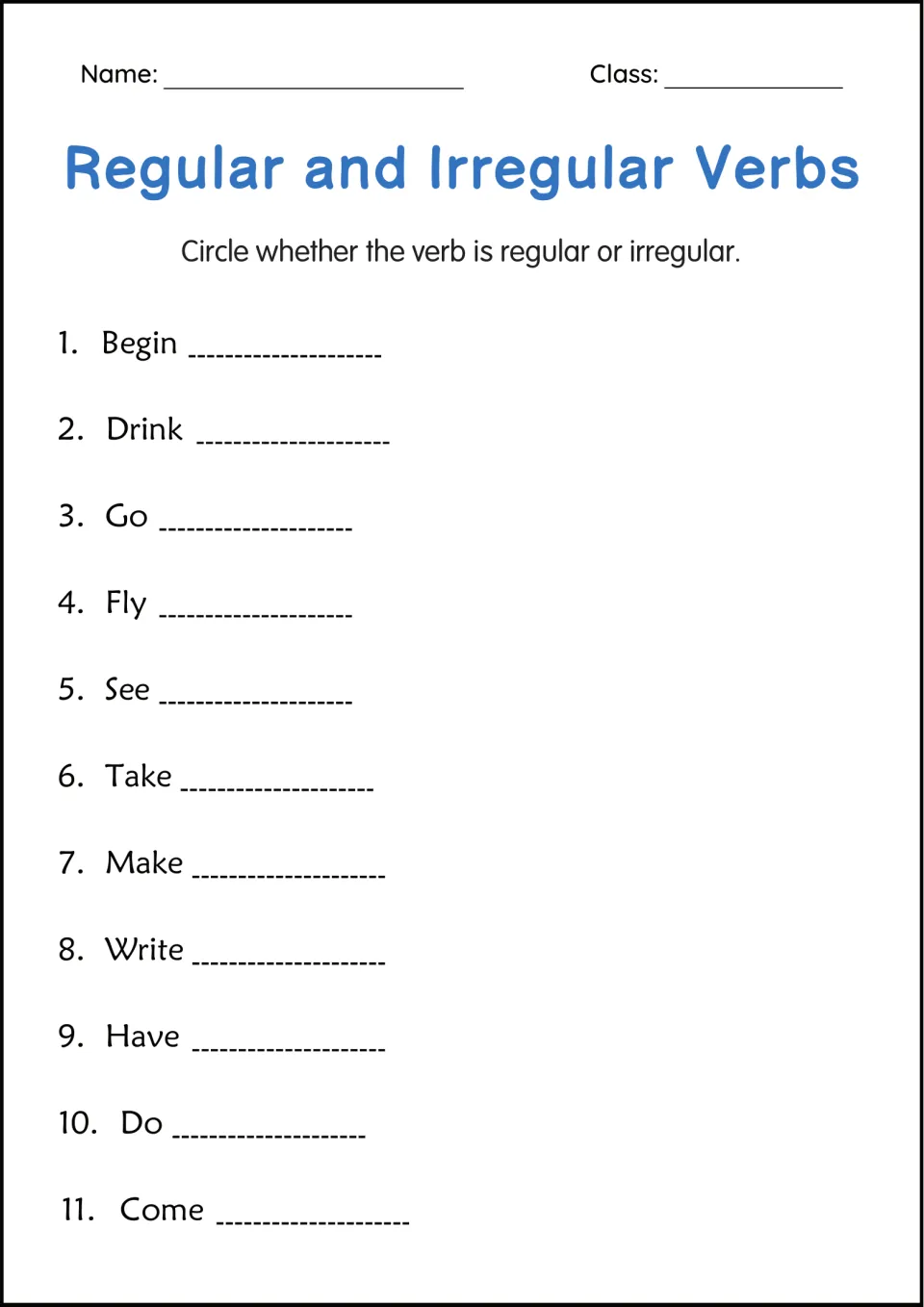 Regular or irregular verbs, set two: students classify 11 verbs including drink, go, see, take, have, do and come