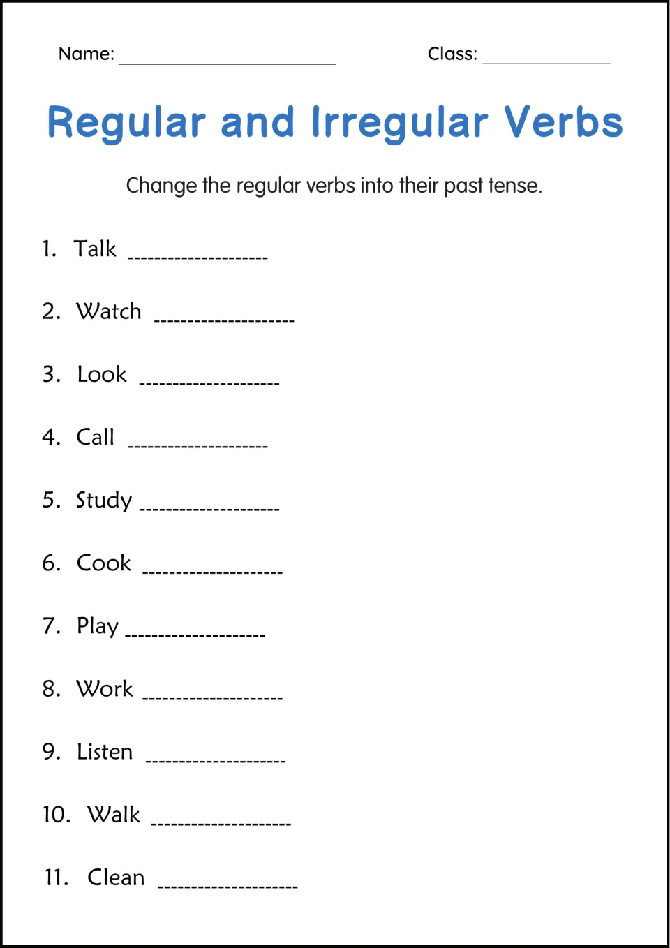 Past tense of regular verbs: students write the -ed form of 11 verbs such as talk, watch, study, listen and clean