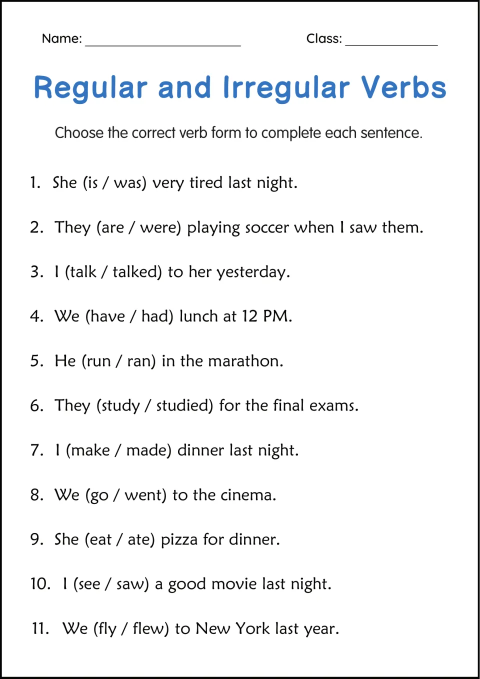 Choosing past tense verbs: students pick the right form in 11 sentences, such as was or is, ran or run, and flew or fly