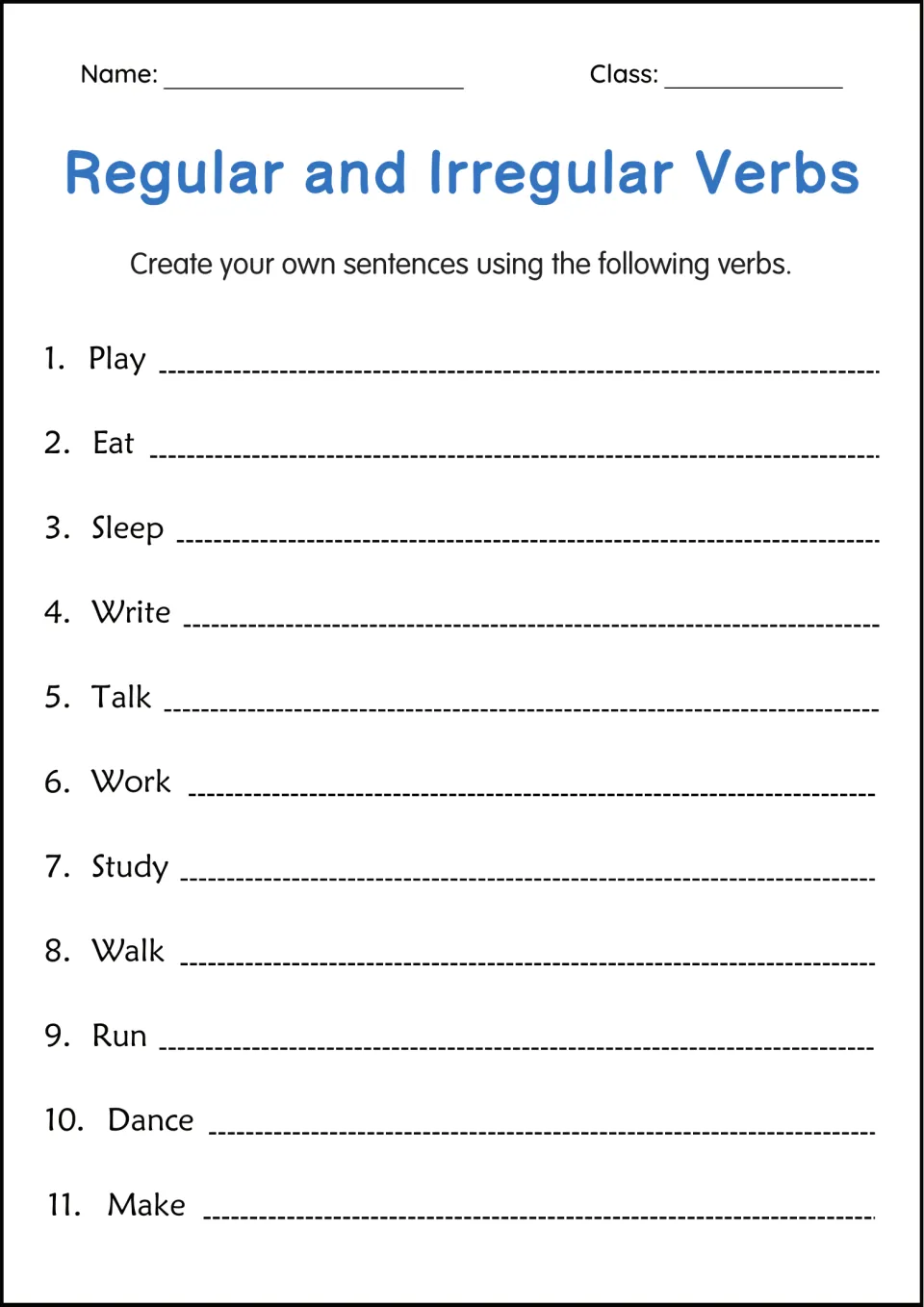 Sentence writing with verbs: students write their own sentences with 11 verbs, including play, eat, sleep, run and make