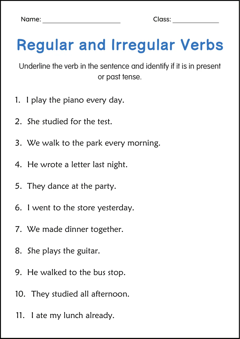 Present or past tense: students underline the verb in 11 sentences like 'He wrote a letter last night' and name its tense