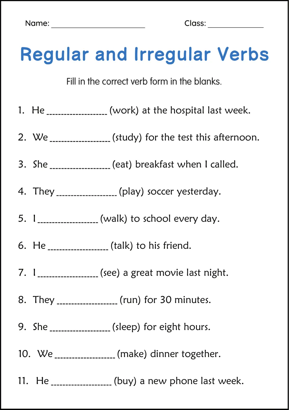 Verb form fill-in: students complete 11 sentences using the verb in brackets, such as work, eat, see, sleep and buy