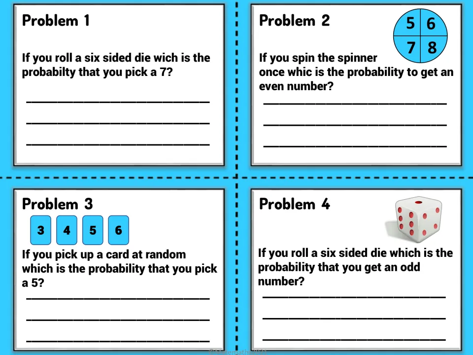 Probability cards 1–4: rolling a 7, spinning an even number, picking a 5, and rolling an odd number.