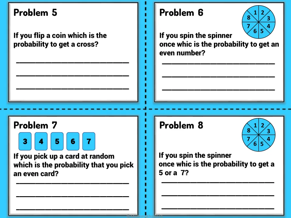 Probability cards 5–8: flipping a cross, spinning an even number, picking an even card, and spinning 5 or 7.