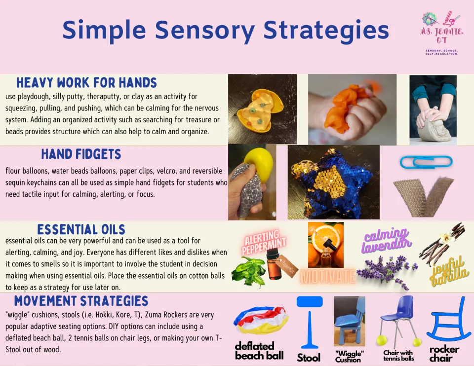 Sensory strategy overview covering heavy work for hands, hand fidgets, essential oils, and movement strategies