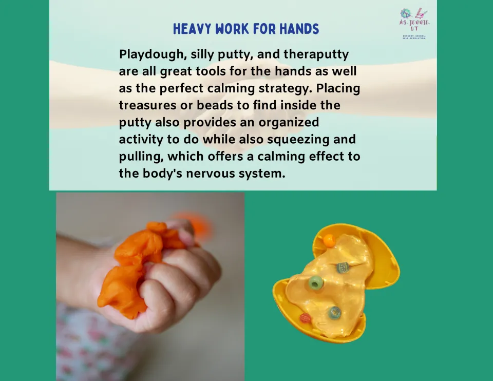 Heavy Work for Hands focus page describing squeezing and pulling putty and finding hidden treasures or beads