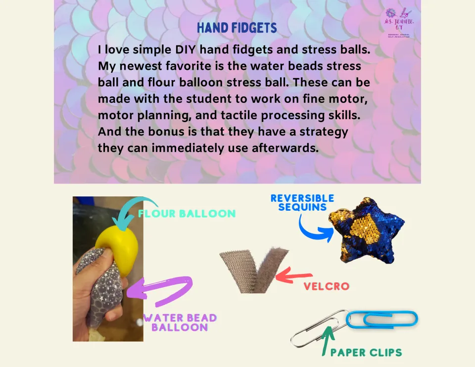 Hand Fidgets focus page showing flour and water bead balloons, reversible sequins, Velcro, and paper clips