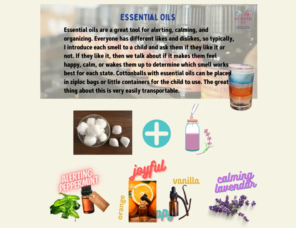Essential Oils focus page discussing scent preferences and cotton ball storage, with four labeled scents