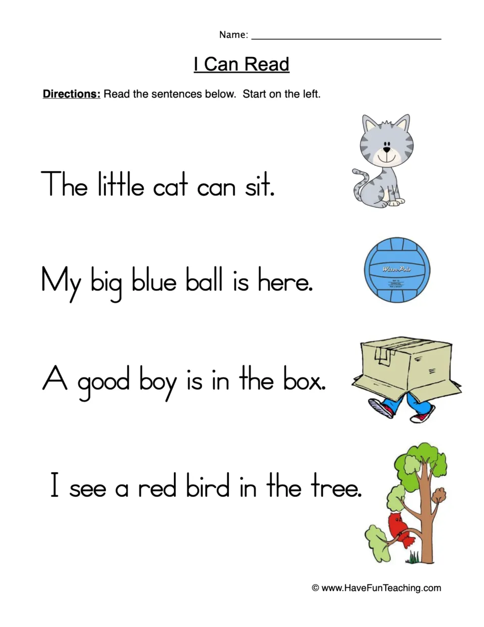 I Can Read: students read four simple sentences left to right, like The little cat can sit, each with a matching picture