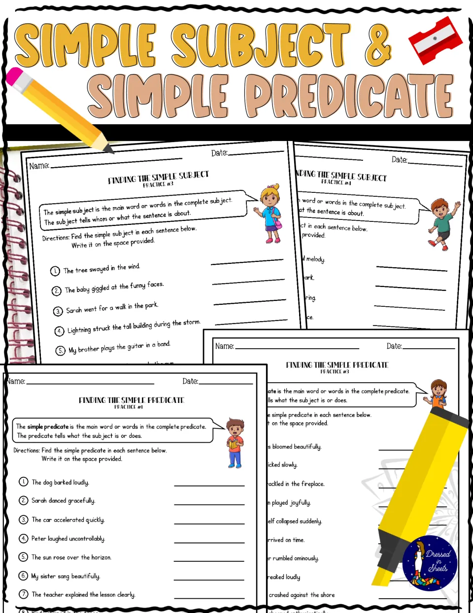 Cover: Simple Subject & Simple Predicate, showing sample practice sheets for finding subjects and predicates