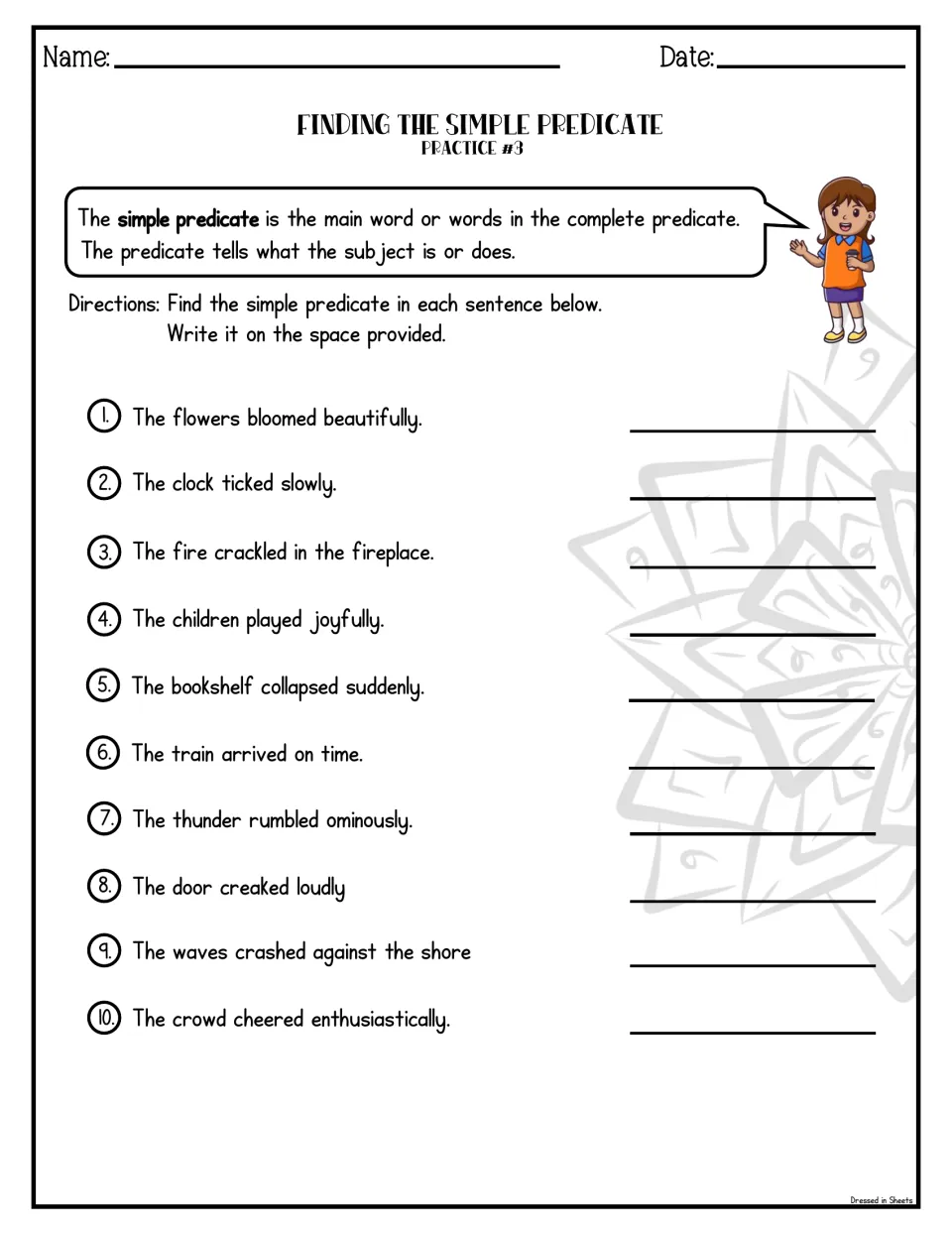 Simple predicate Practice #3: students find and write the verb in 10 sentences like The bookshelf collapsed suddenly