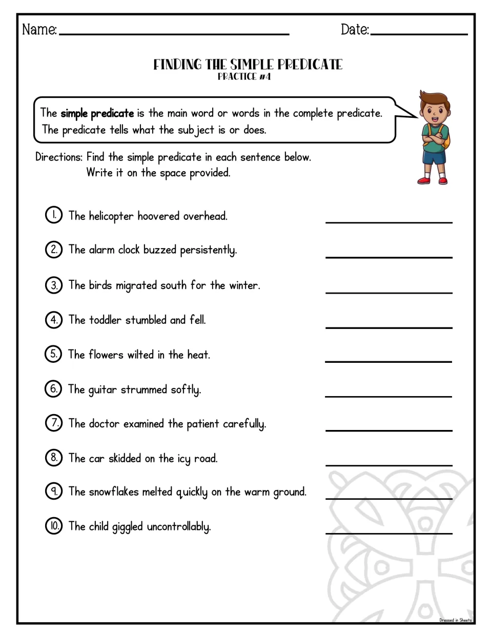 Simple predicate Practice #4: students find and write the verb in 10 sentences like The birds migrated south for the winter