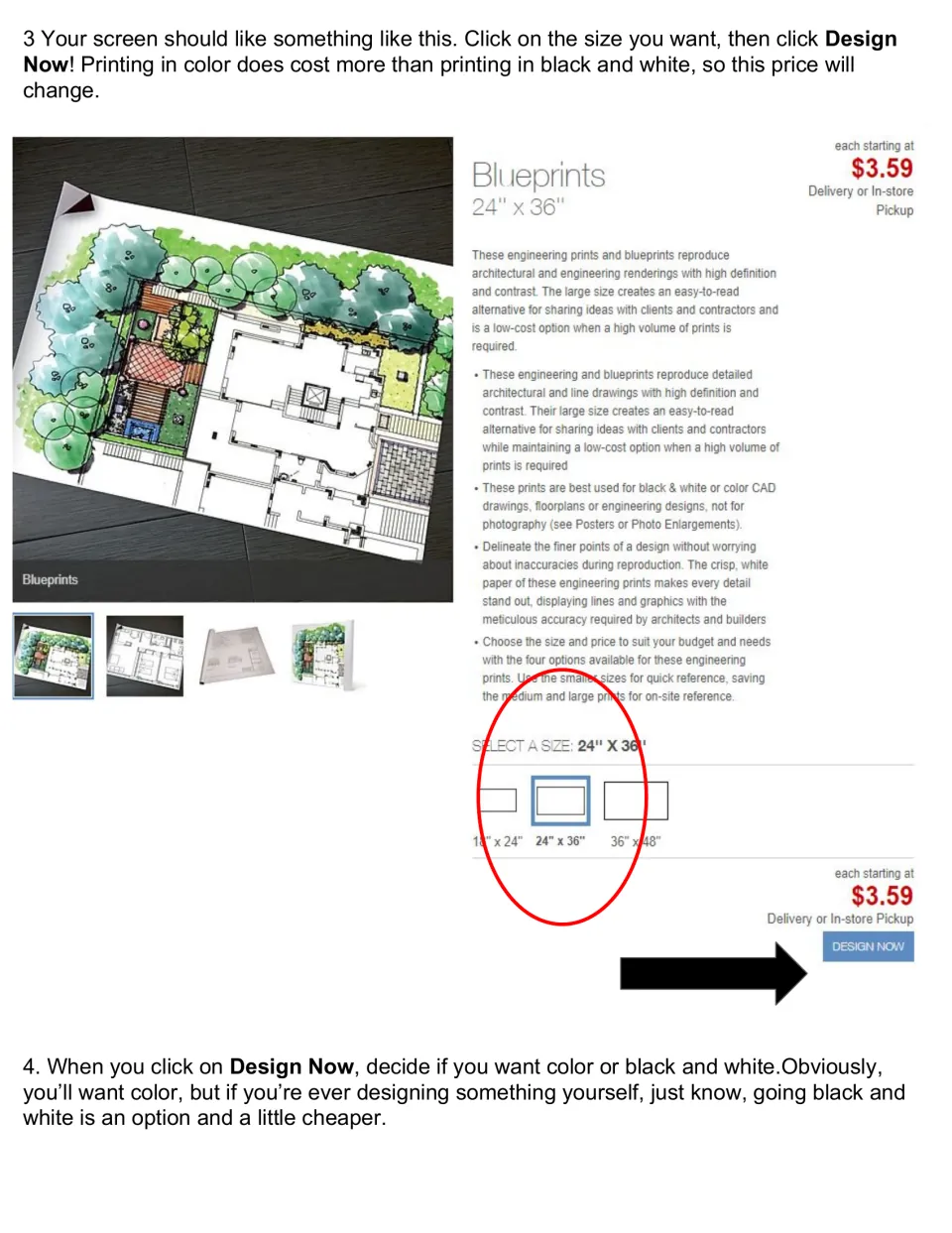 Print steps 3-4: pick a blueprint size such as 24 x 36 in, click Design Now, then choose color or black and white